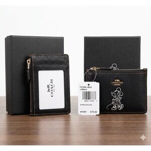 Coach Disney Minnie Mouse Mini Skinny ID Case Black Pebbled Leather F37536 NWT